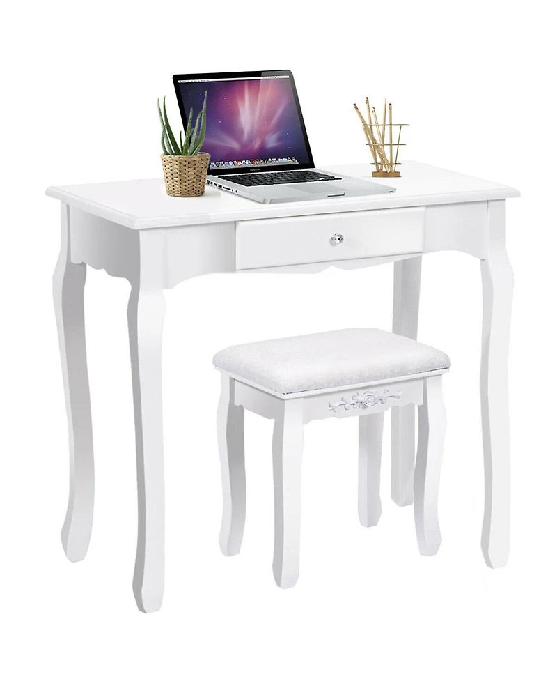 Costway White Vanity Wood Makeup Dressing Table Stool 3 Drawer