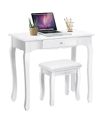 Costway White Vanity Wood Makeup Dressing Table Stool 3 Drawer