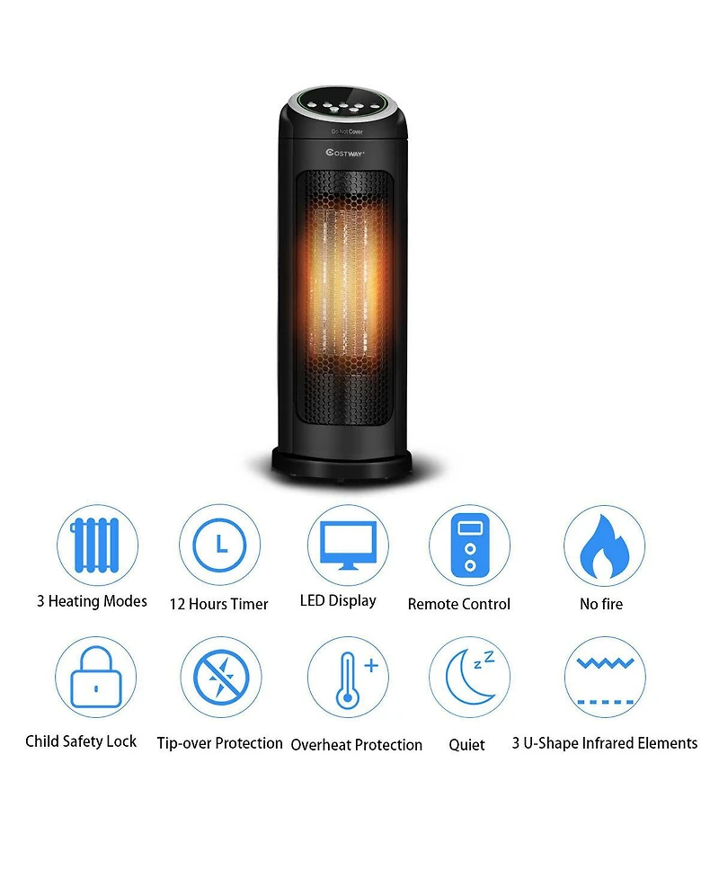 Portable Oscillating Ptc Ceramic Space Heater 1500W Led 12H Timer Remote Control