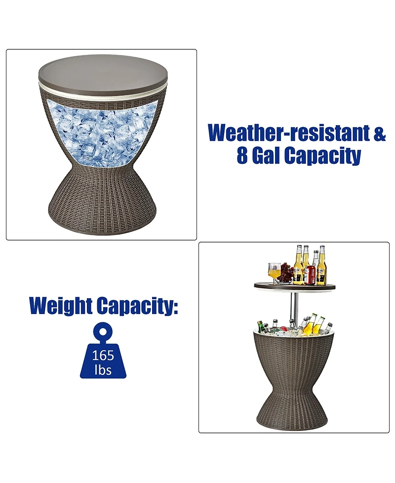 8 Gallon 3 in 1 Patio Rattan Cooler Bar Table Adjust Ice Bucket