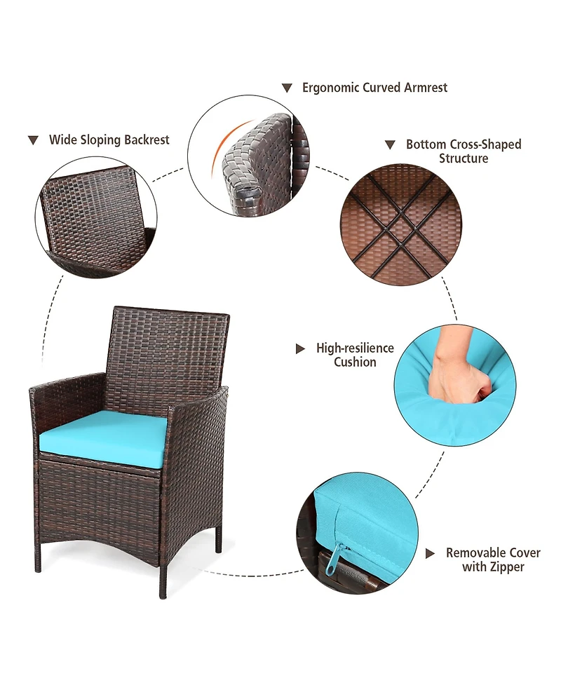 3PCS Patio Rattan Furniture Set Cushioned Sofa Glass Tabletop Deck