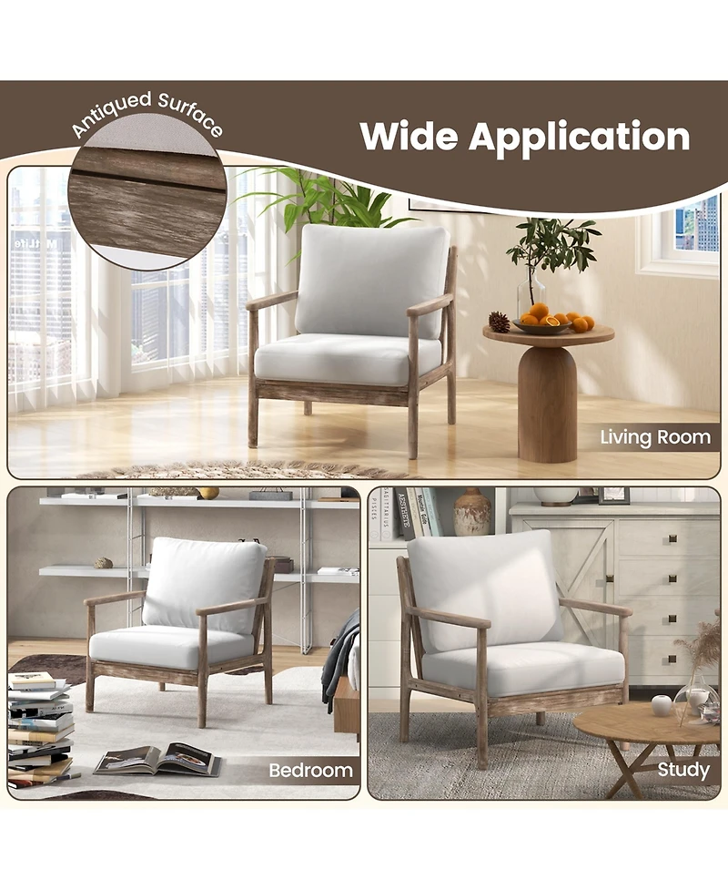 Modern Accent Chair with Solid Rubber Wood Armrests Cotton Linen Fabric Covers