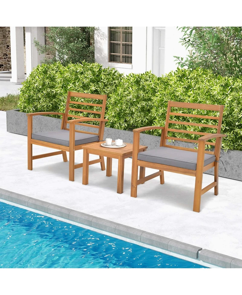 3 Pcs Outdoor Furniture Set Acacia Wood Conversation with Soft Seat Cushions