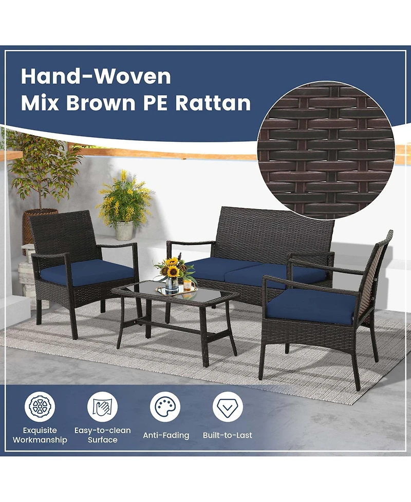 4PCS Patio Rattan Wicker Furniture Set Cushioned Sofa Armrest Coffee Table