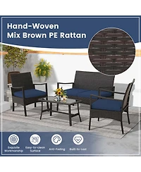 4PCS Patio Rattan Wicker Furniture Set Cushioned Sofa Armrest Coffee Table