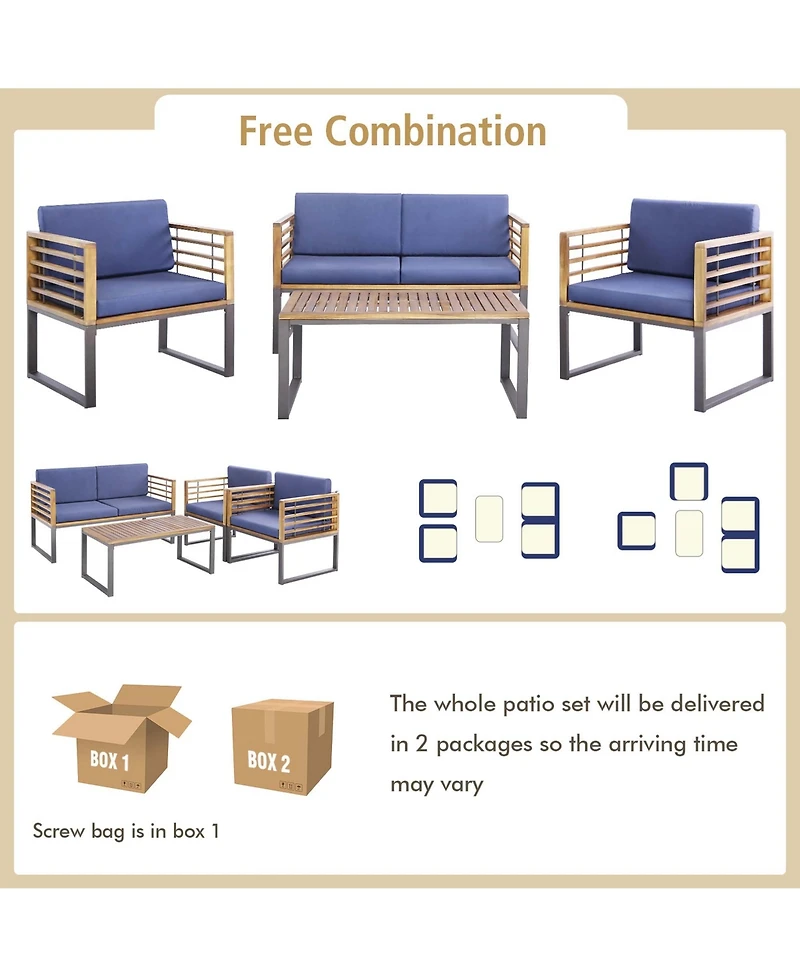 Costway 4pcs Patio Acacia Wood Chair Table Loveseat Cushioned Furniture Set Outdoor