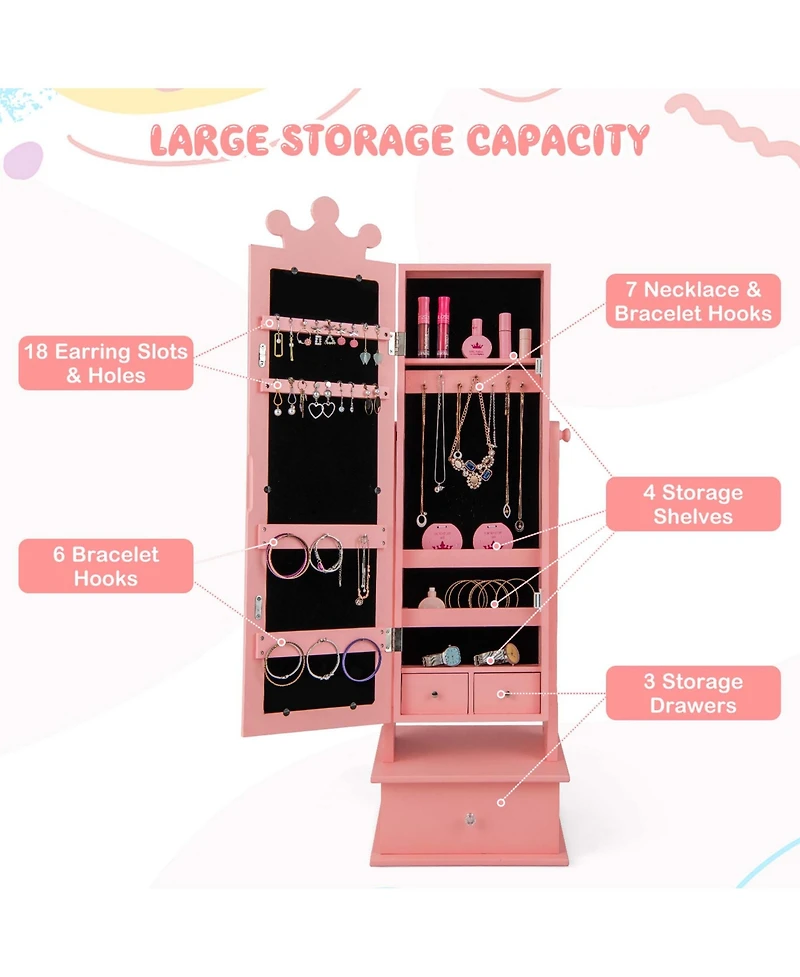 Kid Freestanding Jewelry Armoire 2-in-1 Full Length Mirror Storage Drawer