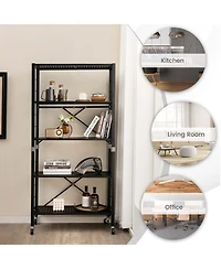 5-Tier Foldable Storage Shelves Adjustable Collapsible Organizer Rack with Wheels