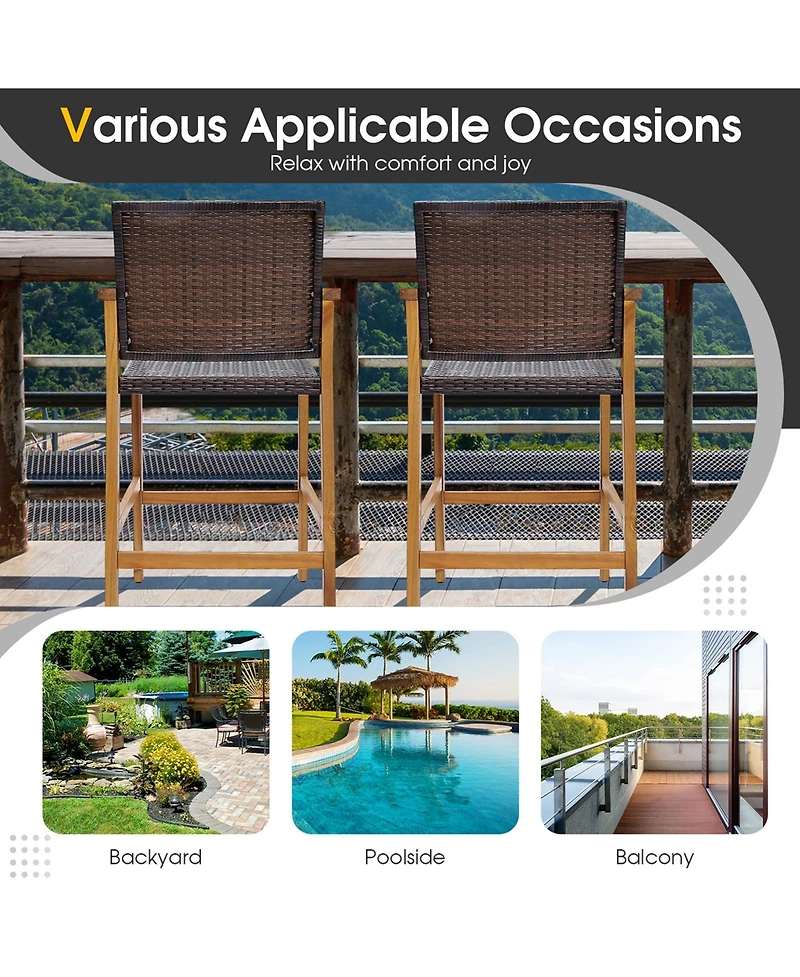 2PCS Patio Pe Wicker Bar Chairs Height Barstools with Acacia Wood Armrests