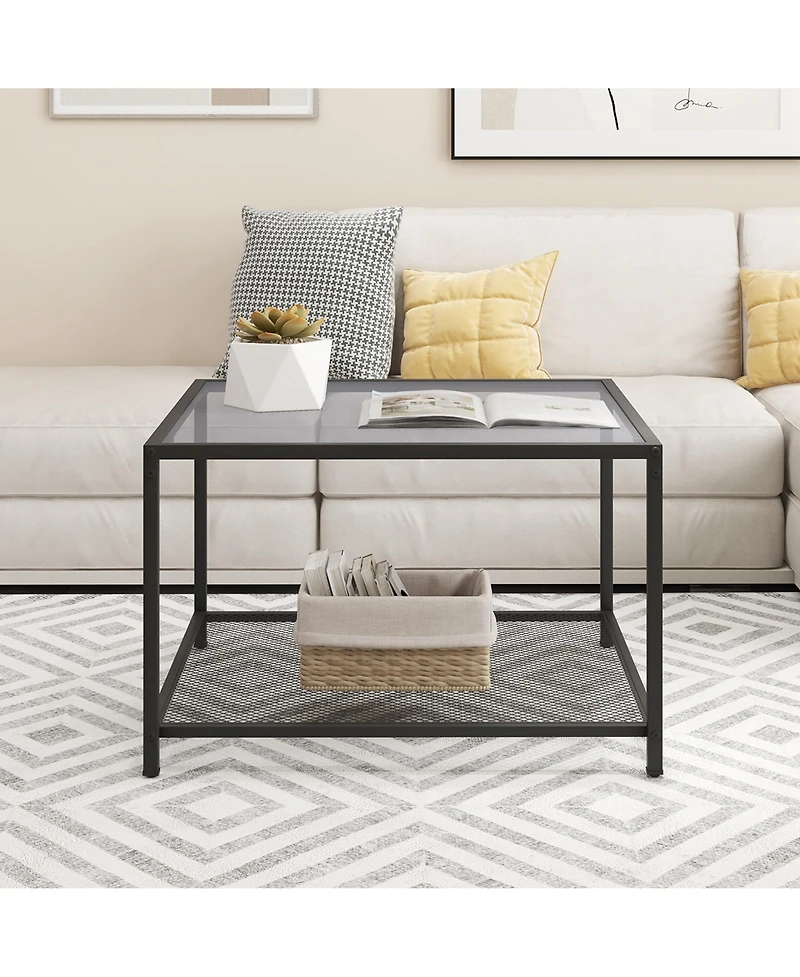 Glass Coffee Table 27.5 Inch 2-Tier Square with Mesh Shelf Living Room
