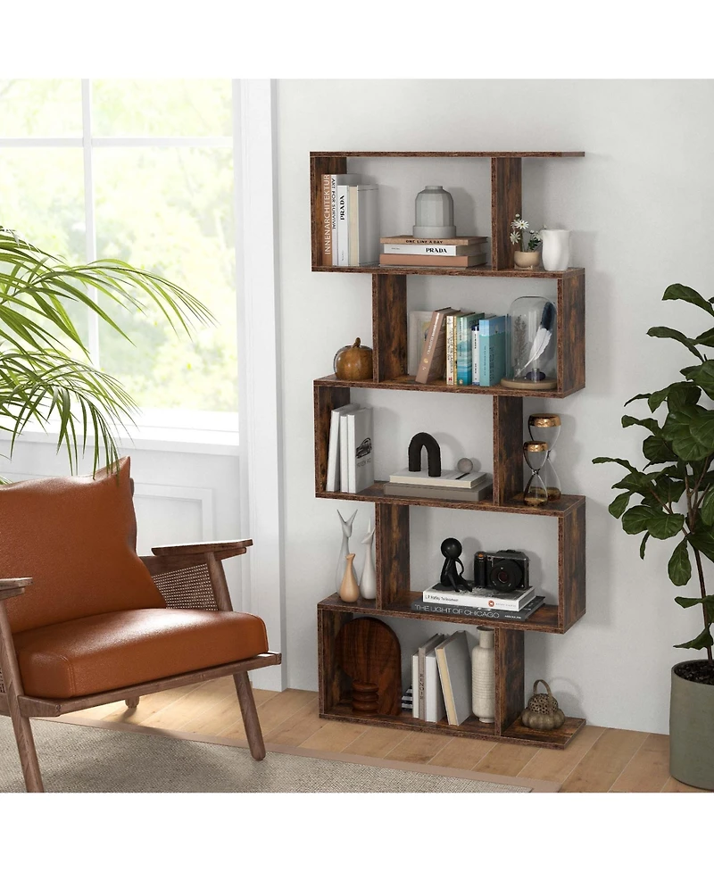 1 Pc 5-Tier Bookshelf Geometric S-Shaped Bookcase Room Divider Storage Display Shelf