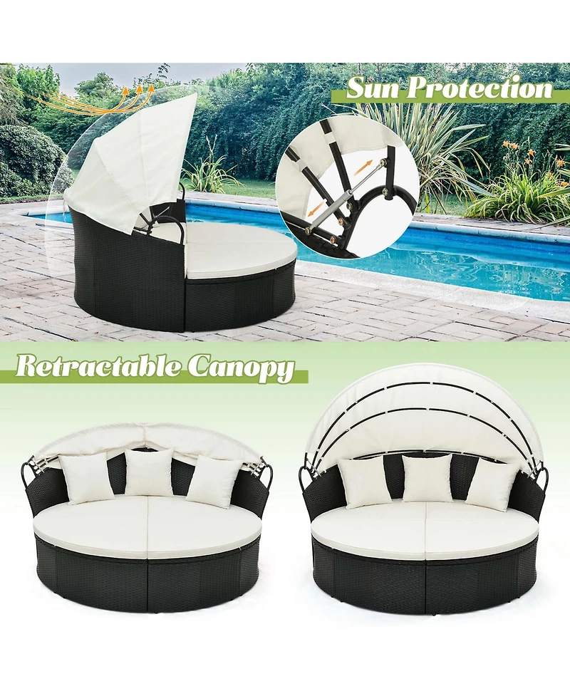Patio Round Daybed with Retractable Canopy Rattan Sectional Seating