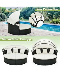 Patio Round Daybed with Retractable Canopy Rattan Sectional Seating