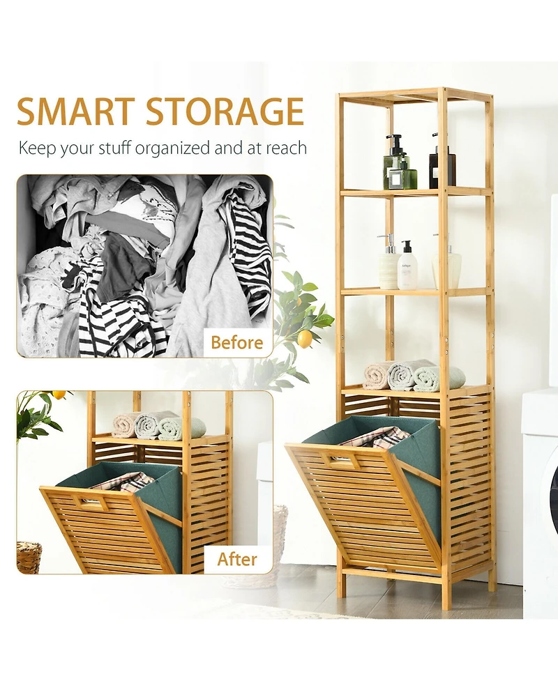 Tilt-out Laundry Hamper Bamboo Tower Hamper w/3-Tier Shelves
