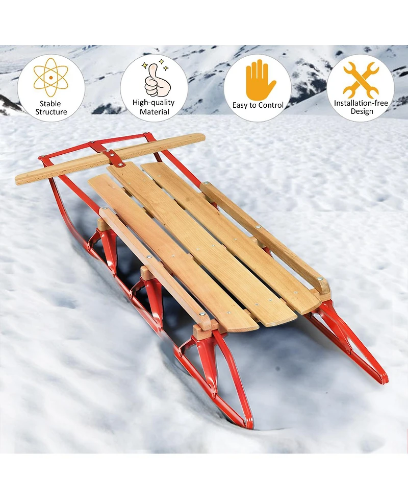 54''Kids Wooden Snow Sled Runners Steering