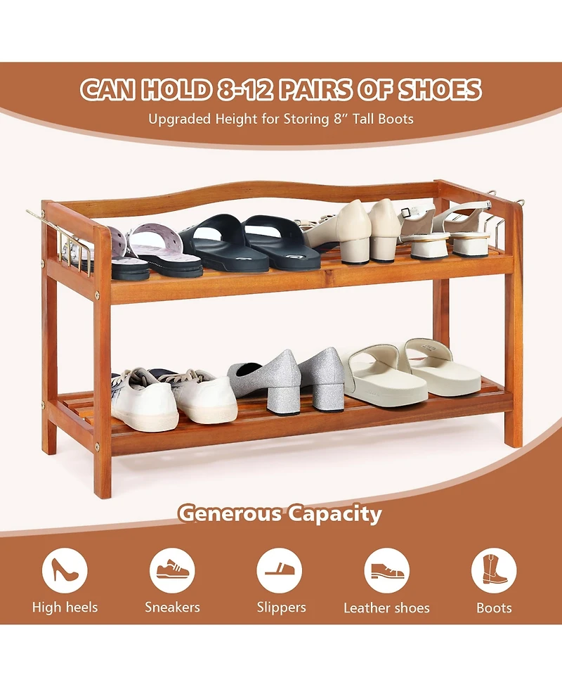 2-Tier Wood Shoe Rack Freestanding Shoe Storage Organizer Heavy-duty