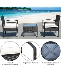 Costway 3 Pcs Furniture Set Table & 2 Chair Patio Wicker Rattan W/Cushion