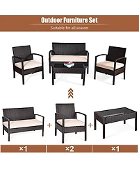 Costway 4PCS Patio Rattan Conversation Furniture Set Cushioned Seat Glass Table