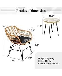 3PCS Patio Rattan Bistro Furniture Set Cushioned Chair Table