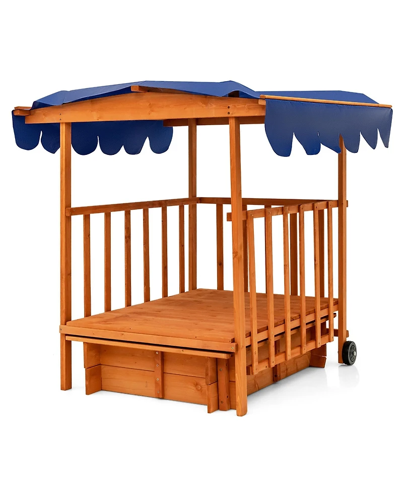 Wooden Retractable Sandbox with Cover & Built-in Wheels Kids