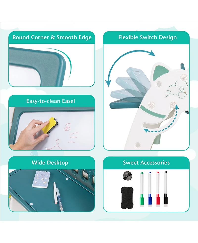 3-In-1 Kids Art Easel with Stool Magnetic Dry-Erase Board with Book Rack