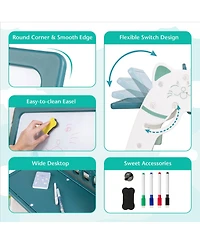 3-In-1 Kids Art Easel with Stool Magnetic Dry-Erase Board with Book Rack