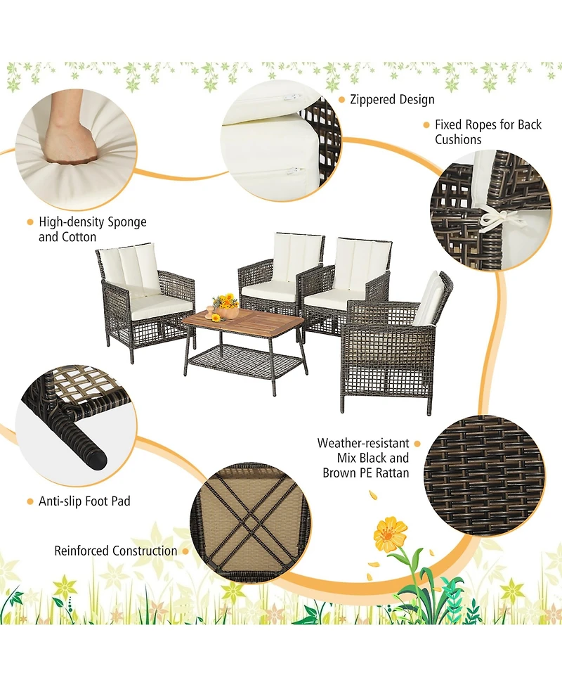 Costway 5PCS Patio Rattan Furniture Set Cushioned Sofa Armrest Wooden Tabletop