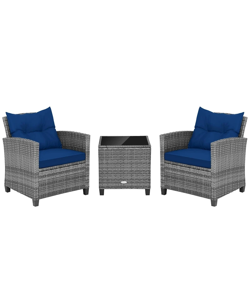 3PCS Patio Rattan Furniture Bistro Set Cushioned Sofas Side Table Armrest