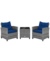 3PCS Patio Rattan Furniture Bistro Set Cushioned Sofas Side Table Armrest