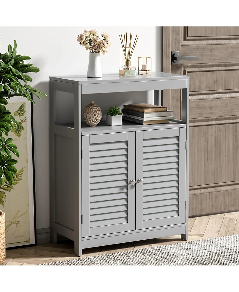Bathroom Floor Cabinet Storage Organizer with Open Shelf & Double Shutter Door