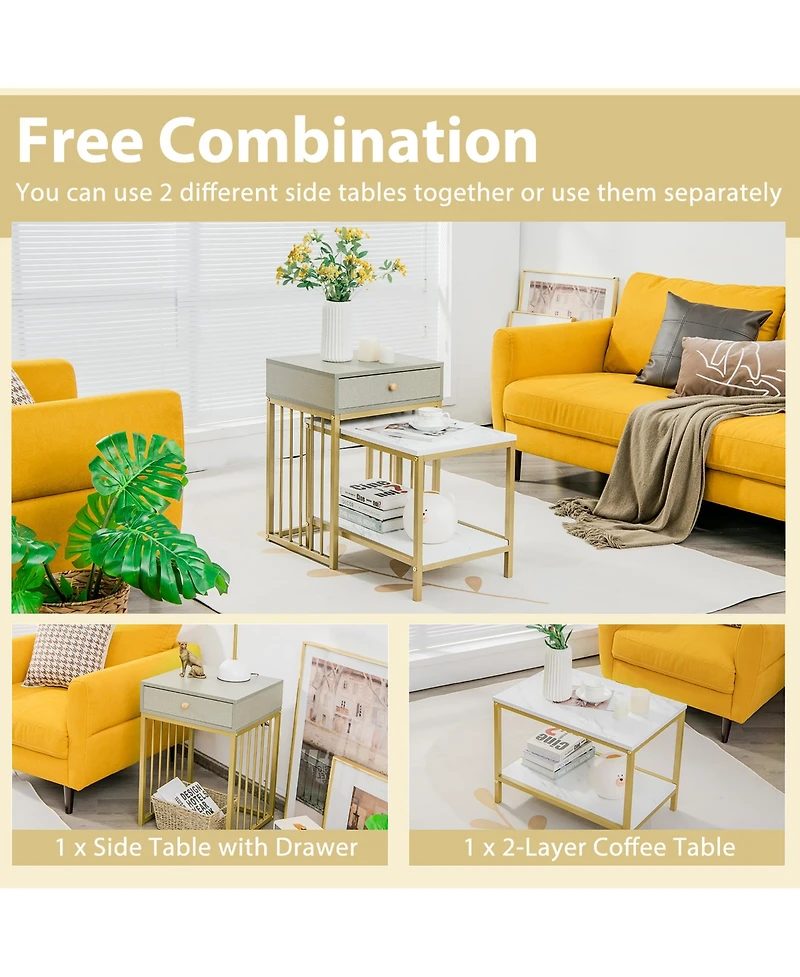Set of 2 Nesting Coffee Table Drawer Shelf Modern Sofa Side Table Steel Frame