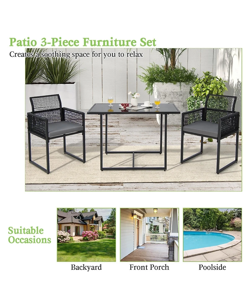 Costway 3PCS Patio Pe Wicker Furniture Set Cushioned Chairs with Folding Backrest Backyard