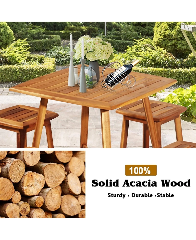 Costway 5PCS Acacia Patio Dining Set W/Square Table & 4 Stools Reddish