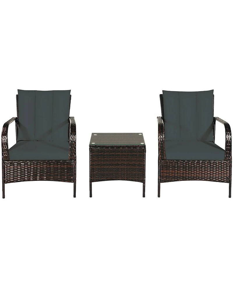Costway 3 Pcs Patio Wicker Rattan Furniture Set Coffee Table & 2 Chair