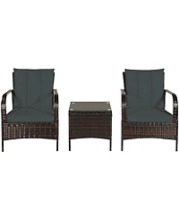 Costway 3 Pcs Patio Wicker Rattan Furniture Set Coffee Table & 2 Chair