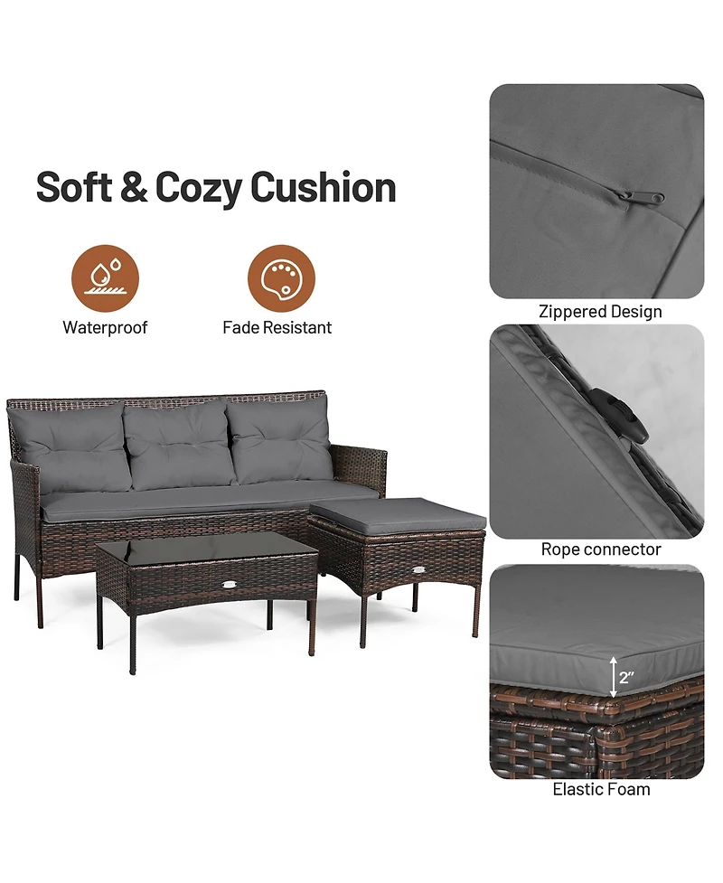 Gymax 3PCS Patio Rattan Sectional Conversation Furniture Set w/ Grey Cushions