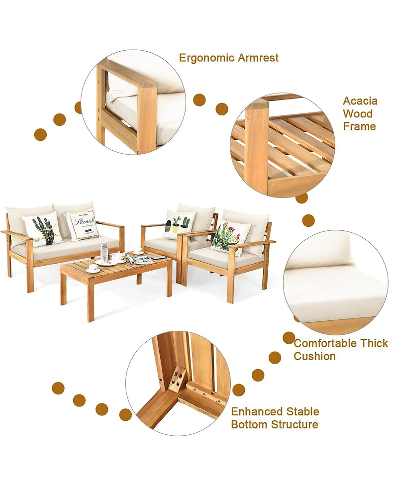 Gymax 4PCS Patio Acacia Wood Conversation Furniture Set w/ Off White Cushions