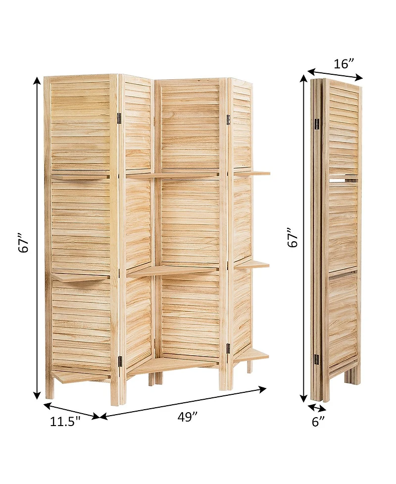 4 Panel Folding Room Divider Screen W/3 Display Shelves 5.6 Ft Tall