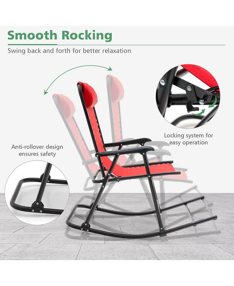 Folding Zero Gravity Rocking Chair Rocker Porch Outdoor Patio Headrest