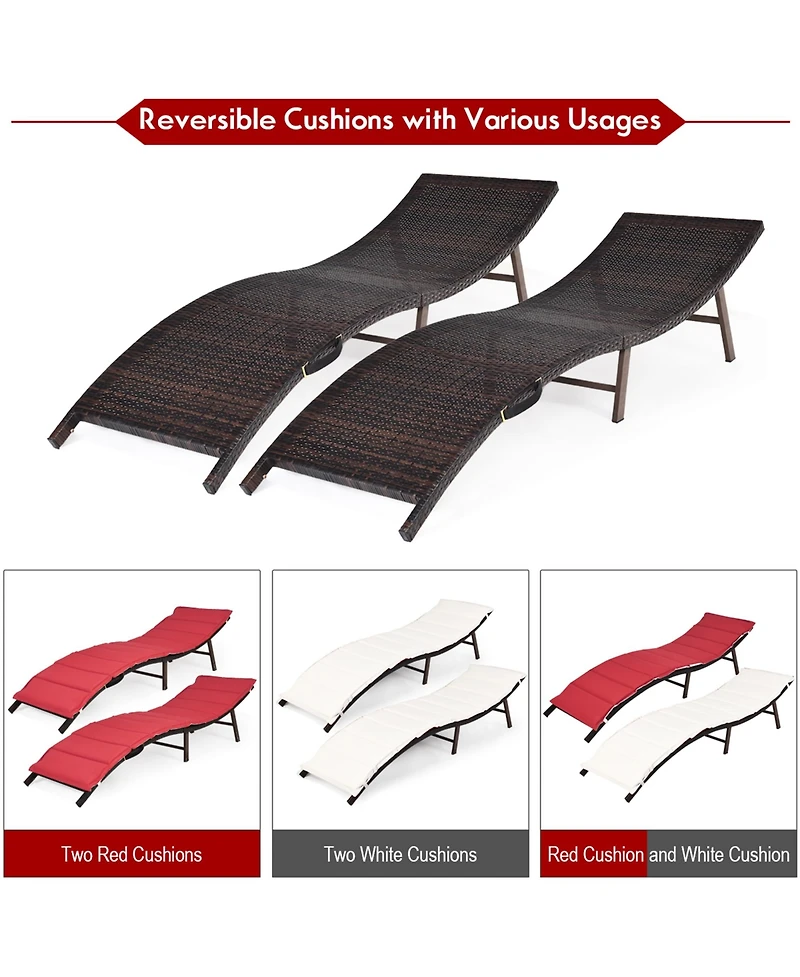 Costway 2PCS Patio Rattan Folding Lounge Chair Stackable Double Sided Cushion