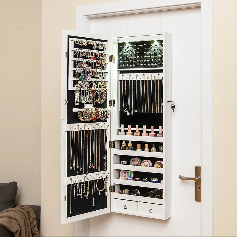 Costway Wall Mount Mirrored Jewelry Cabinet Organizer Led Lights