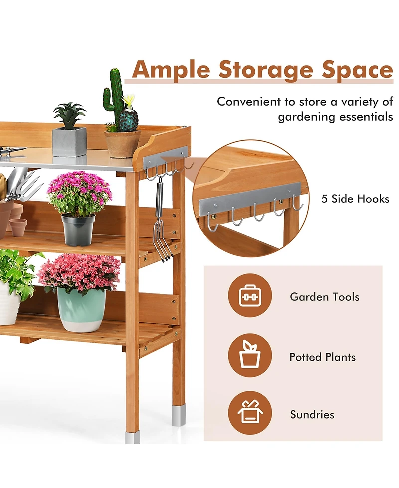 Garden Wooden Potting Bench Work Station Table Tool Storage Shelf W/Hook
