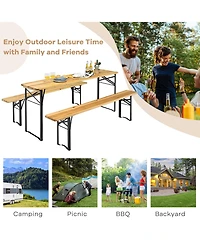 Costway 3 Pcs Beer Table Bench Set Folding Wooden Top Picnic Table Patio Garden