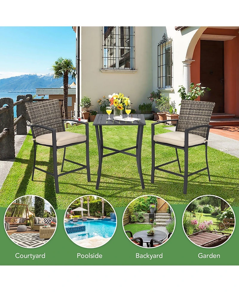 Costway Patio Rattan Bar Furniture Set Slat Table 2 Cushioned Stools Poolside