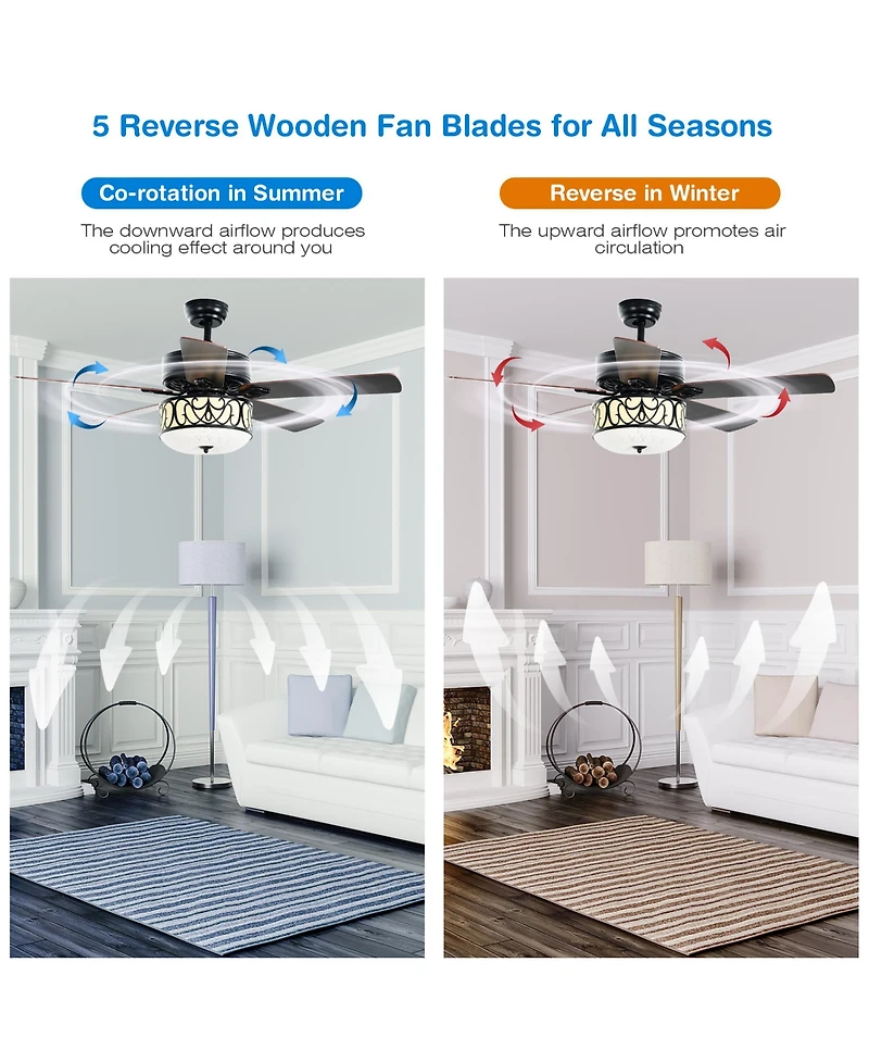 52'' Ceiling Fan W/Light Reversible Blade Adjustable Speed Remote Control