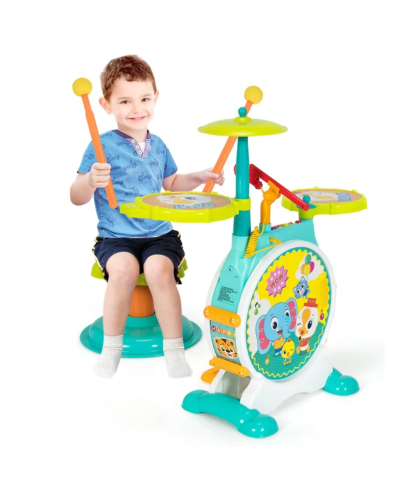 3-Piece Electric Kids Drum Set Musical Toy Gift w/Microphone Stool Pedal