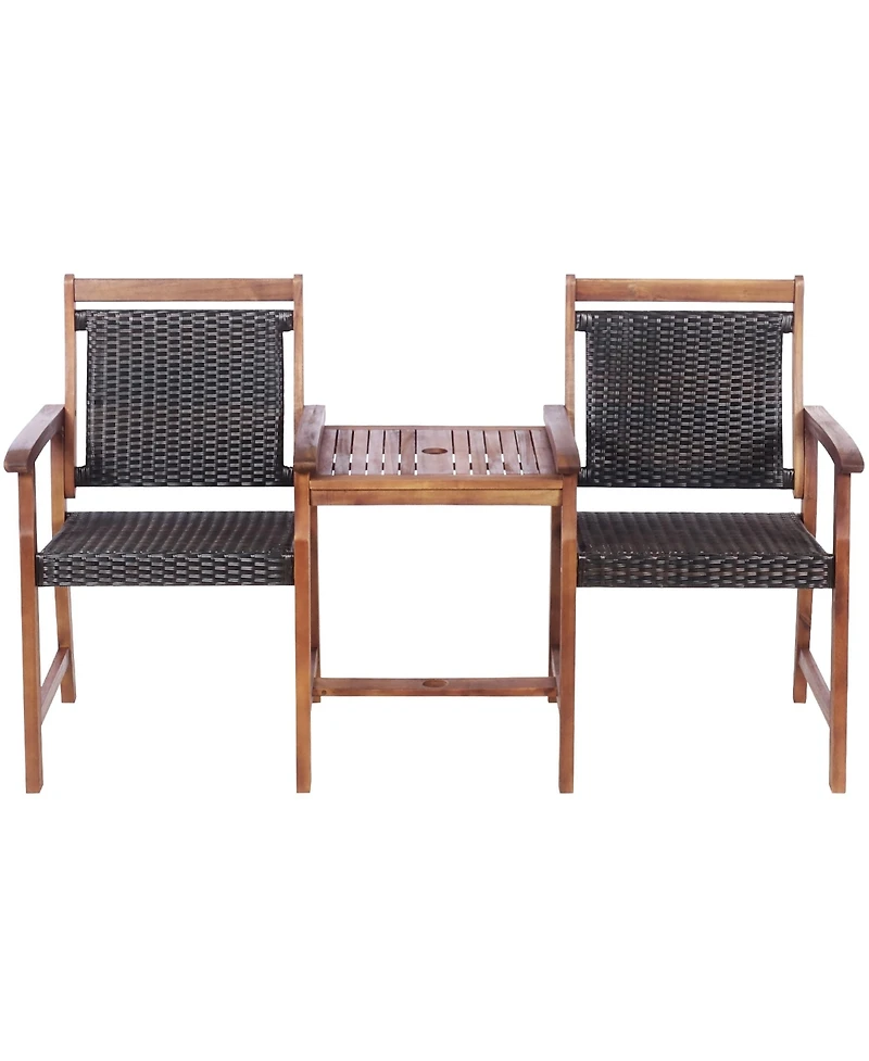 2-Seat Patio Rattan Bench Acacia Wood Frame Table W/Umbrella Hole Deck