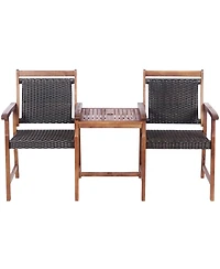 2-Seat Patio Rattan Bench Acacia Wood Frame Table W/Umbrella Hole Deck