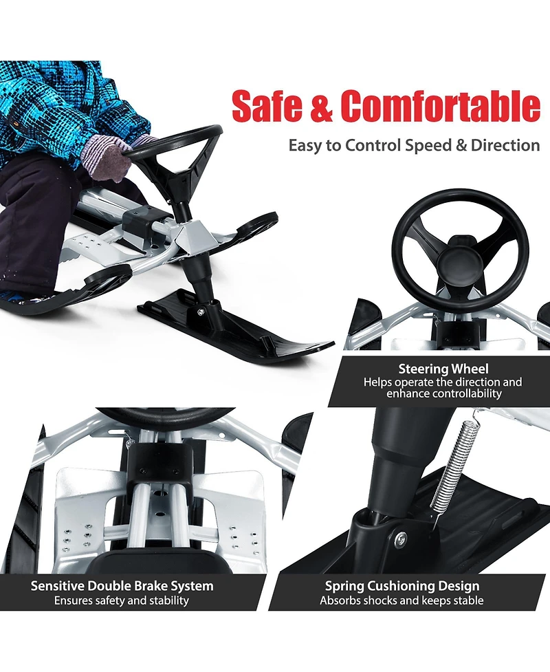 Kids Snow Racer Sled Steering Wheel Double Brakes Pull Rope