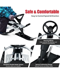 Kids Snow Racer Sled Steering Wheel Double Brakes Pull Rope